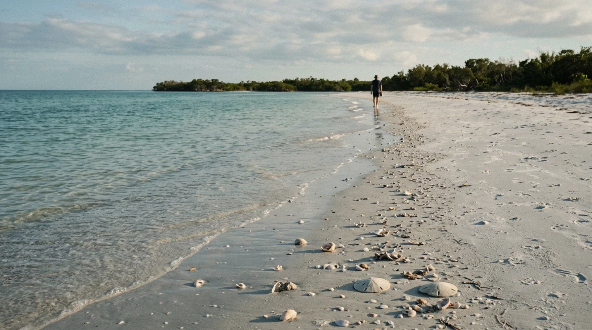 Shells and sand dollars scattered along the tide line on an uninhabited beach on a 10,000 Islands shelling tour from Marco Island, Florida
