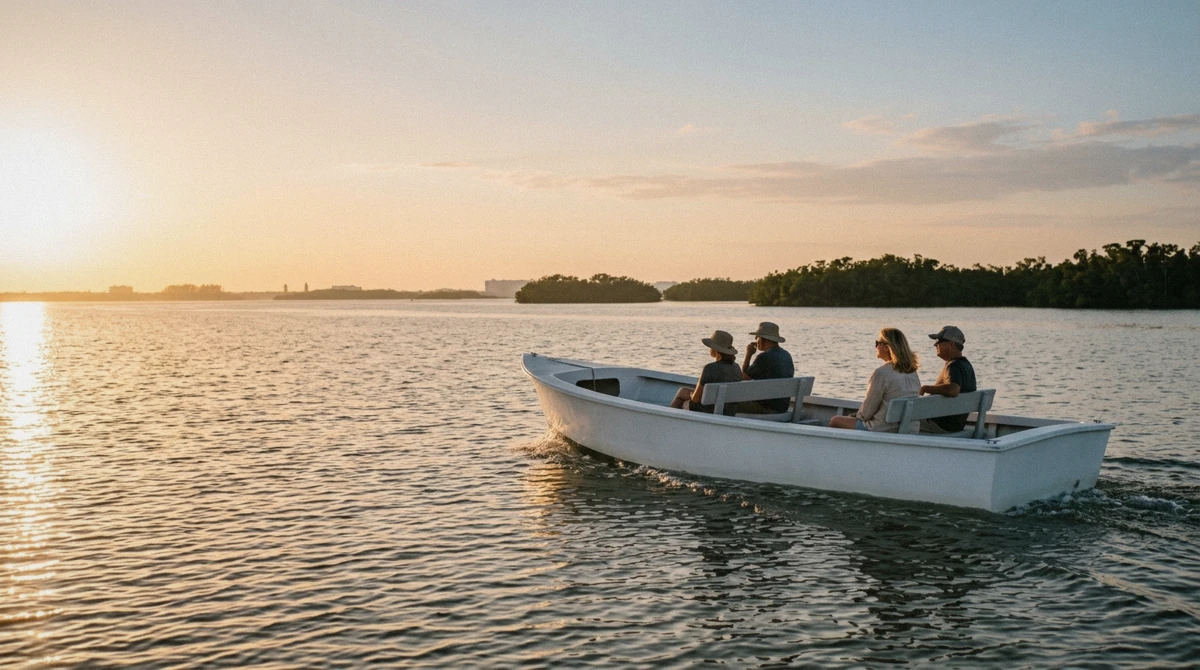 Calm evening water and warm light off Goodland during the best time of year for a Marco Island boat tour