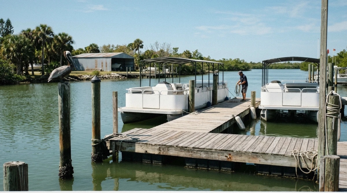 Goodland Boat Park floating dock where most Marco Island boat tours depart, Palm Point Drive Goodland Florida