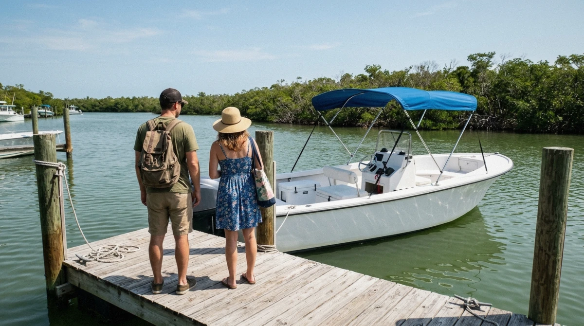 Dock crew handing life jackets to guests before a Marco Island boat tour priced trip departs Goodland Boat Park