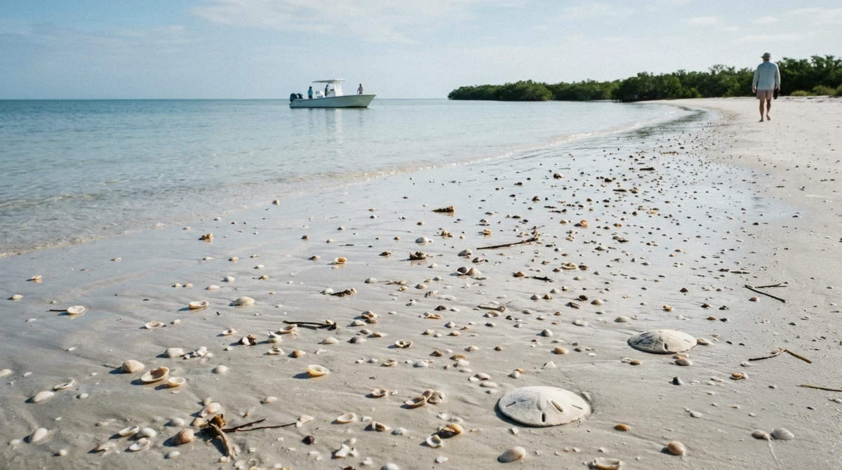 Scattered lightning whelk and sand dollar shells on the tide line during a best shelling on Marco Island beach walk