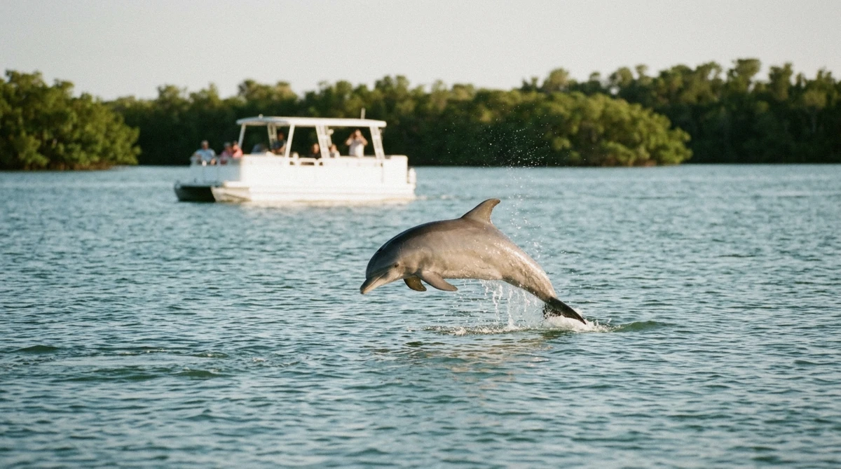 Atlantic bottlenose dolphin surfacing near a boat during a whale watching Marco Island wildlife tour in the Ten Thousand Islands