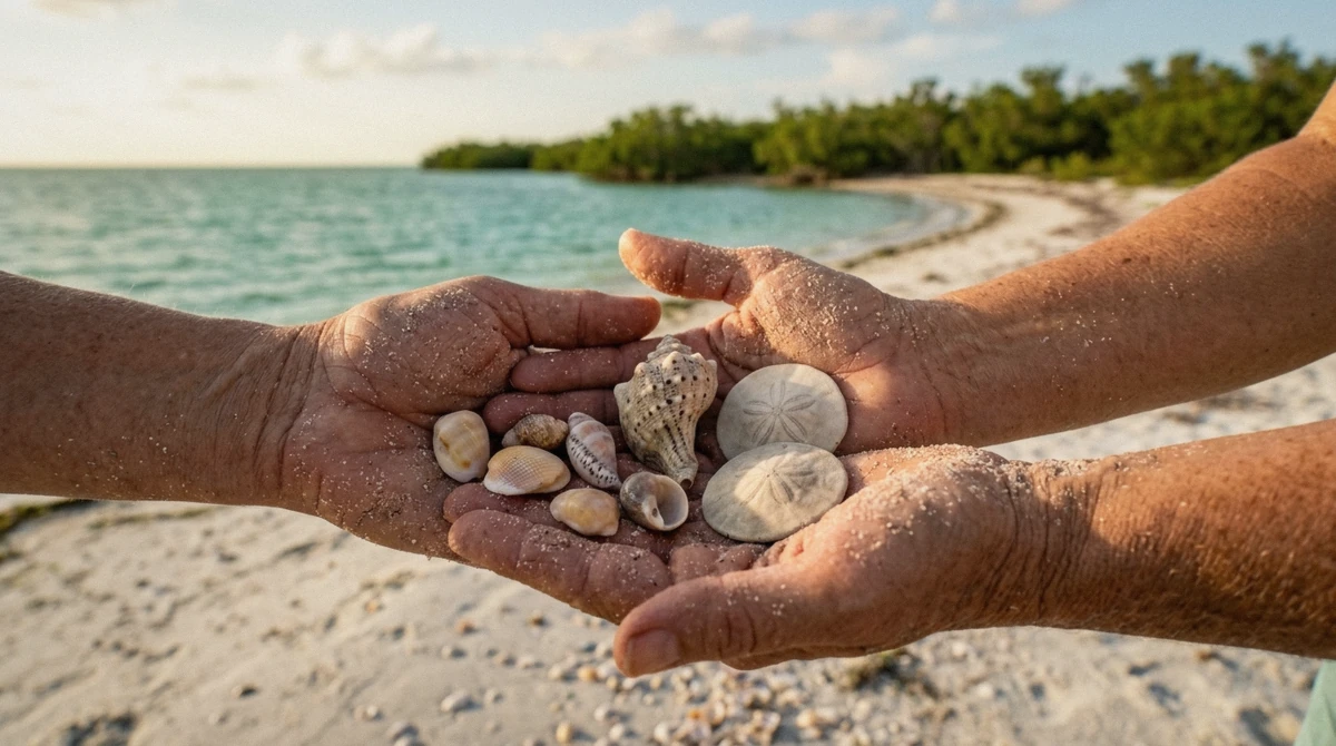 Shells and sand dollars gathered on a remote beach during a Marco Island dolphin and shelling tour in the Ten Thousand Islands, Florida